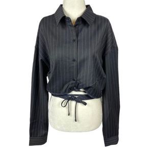 ELODIE NWT Navy Pin Stripe Collared Crop Button Up w/Tie Around Waist Sz XL